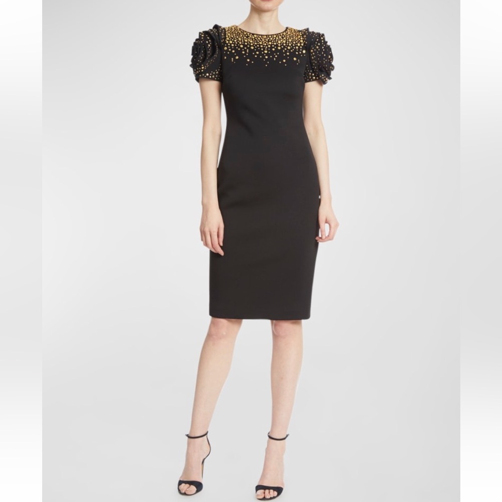 NWT Badgley Mischka Black Studded Rosette Sleeve Scuba Dress SIZE 4